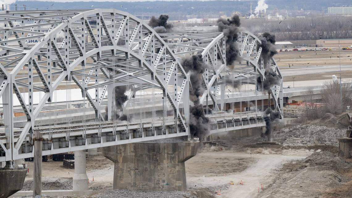 A blast takes out the first arch of the Buck O’Neil Bridge on Feb. 15, 2024.