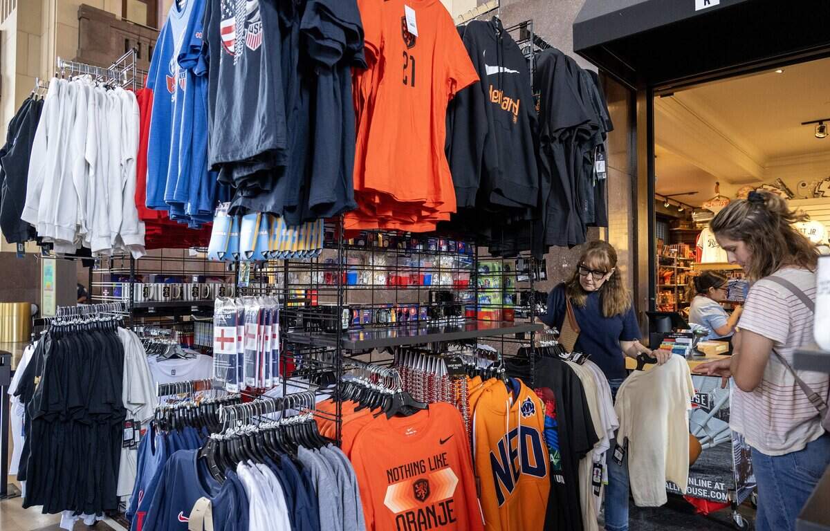 Shoppers browse FIFA World Cup merchandise at Rally House inside Union Station on Tuesday, June 9, 2026, in Kansas City.