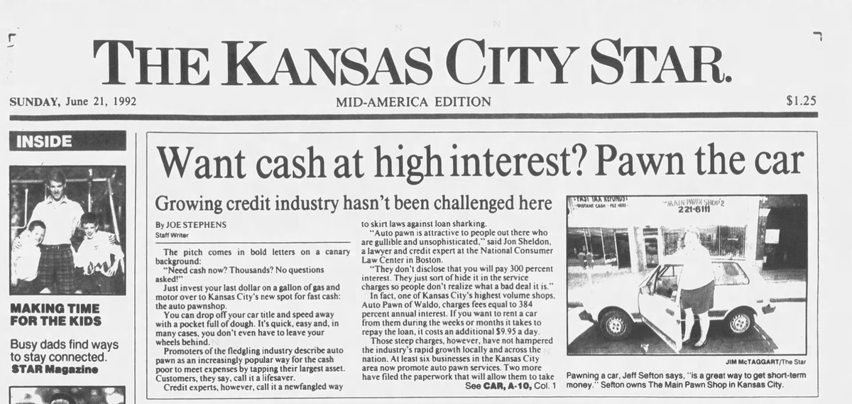 Vince Sanders appeared in a 1992 Kansas City Star article about the auto pawn businesses, which critics compared to loan sharking. He owned Auto Pawn of Waldo at the time.