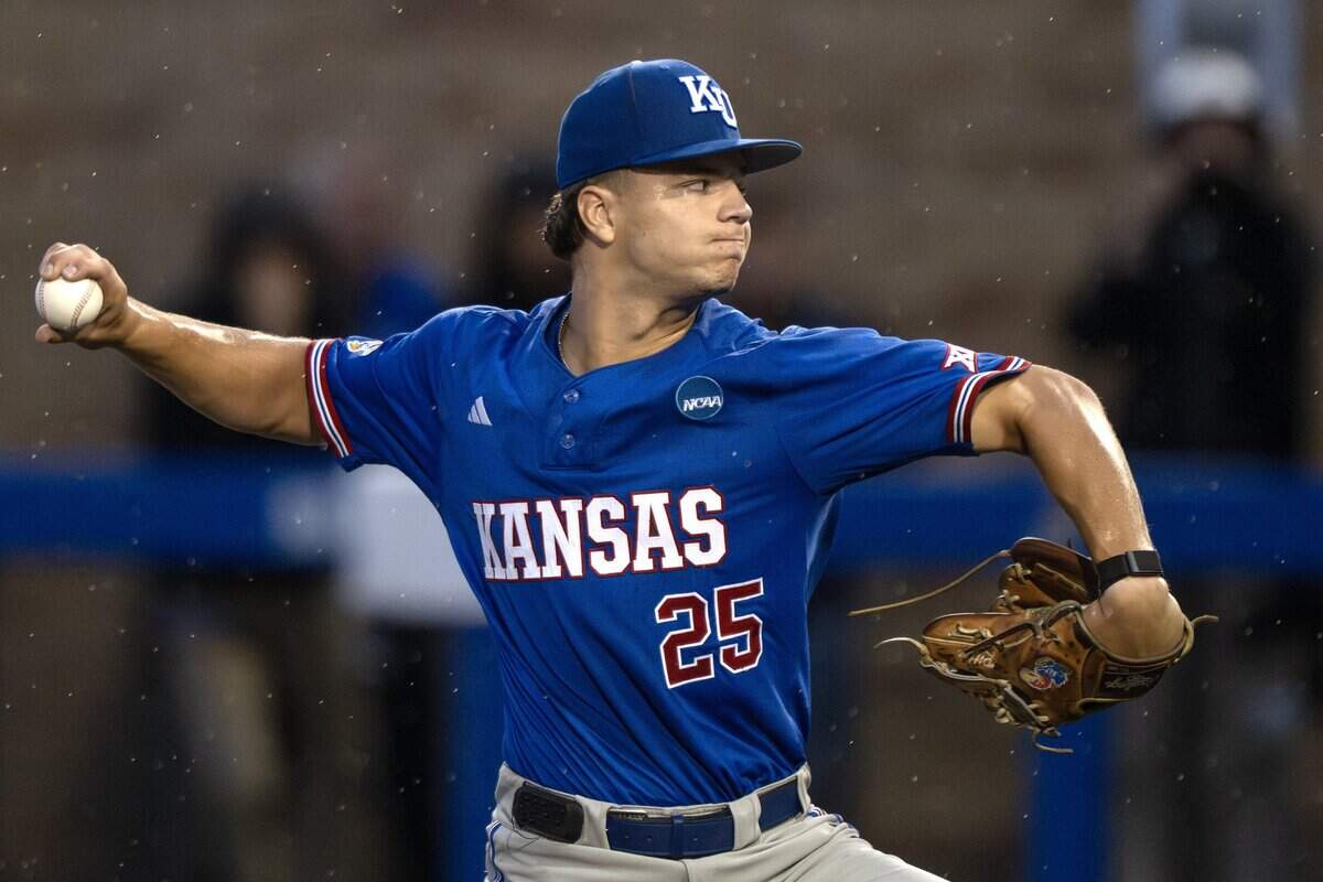 Kansas Jayhawks pitcher Riane Ritter (25) throws in the second inning of an NCAA Super Regional baseball game against Oklahoma at Hoglund Ballpark on Sunday, June 7, 2026, in Lawrence.