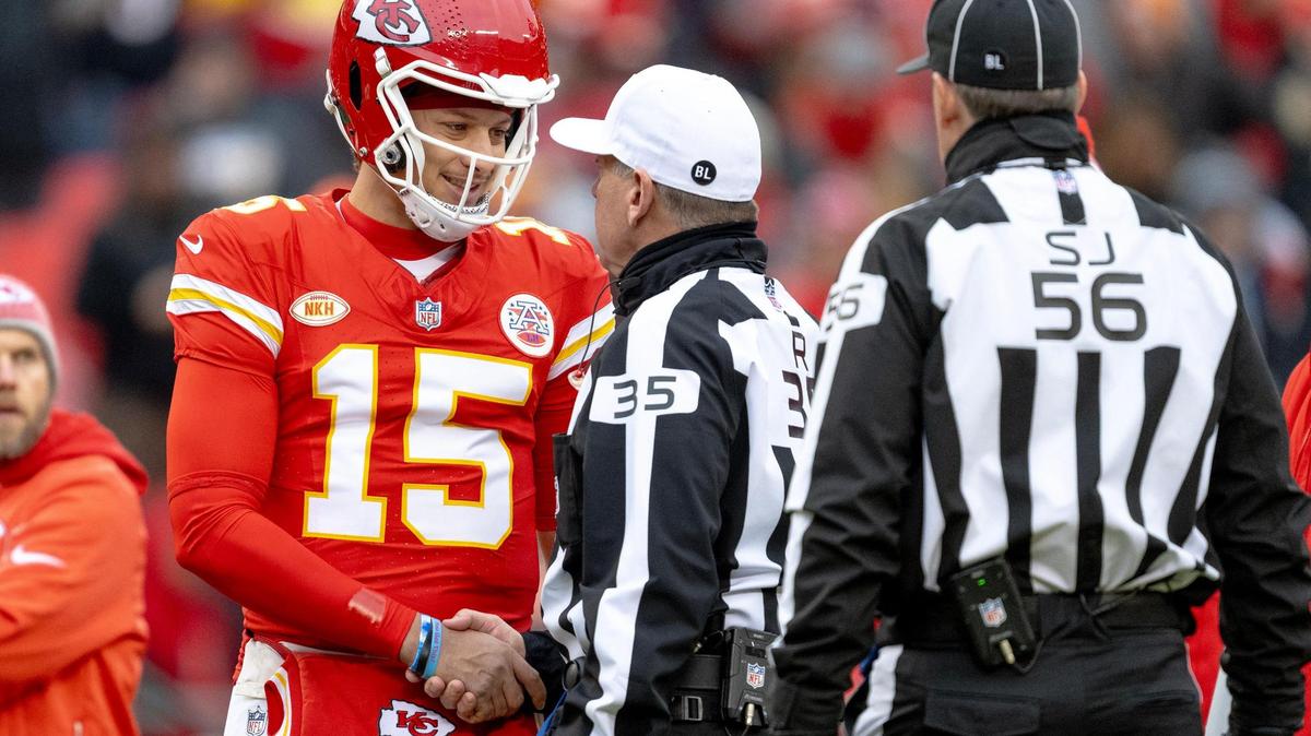 Kansas City Chiefs quarterback Patrick Mahomes (15) meets with referee John Hussey (35) before an NFL football game against the Cincinnati Bengals at GEHA Field at Arrowhead Stadium on Sunday, Dec. 31, 2023, in Kansas City.