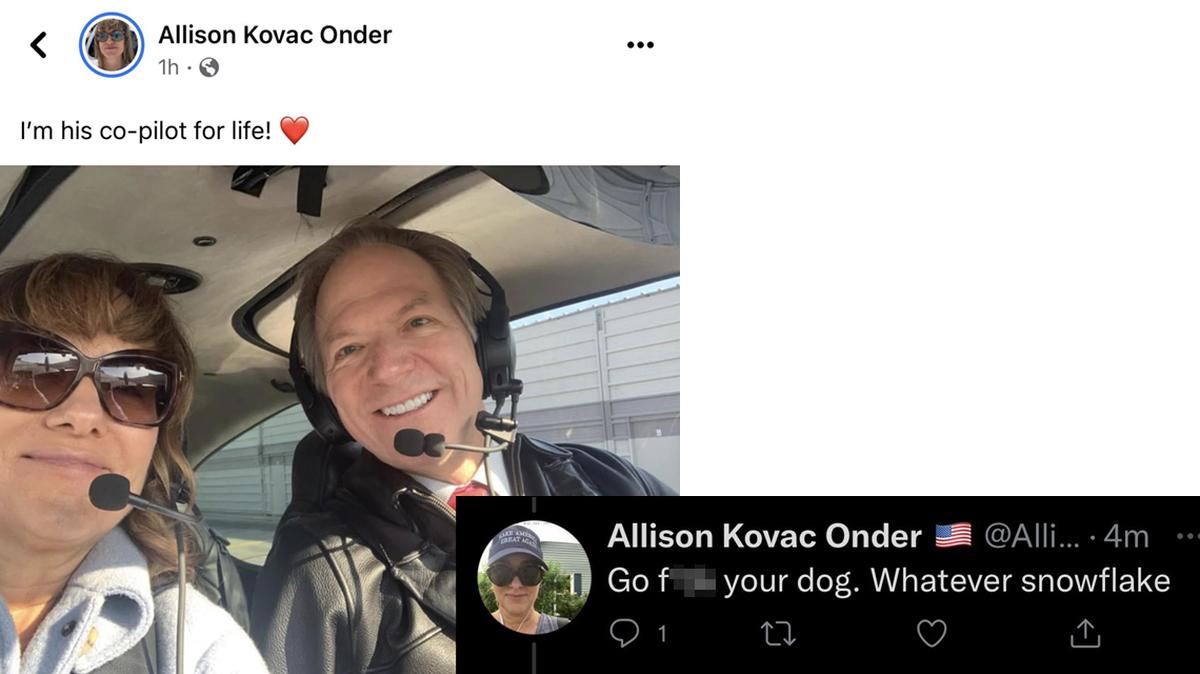 Missouri state Sen. Bob Onder’s wife Allison Kovac Onder posted a photo of the couple in a private aircraft. When a Missourian shared it on Twitter, Onder repled: “Go f--- your dog. Whatever snowflake.”