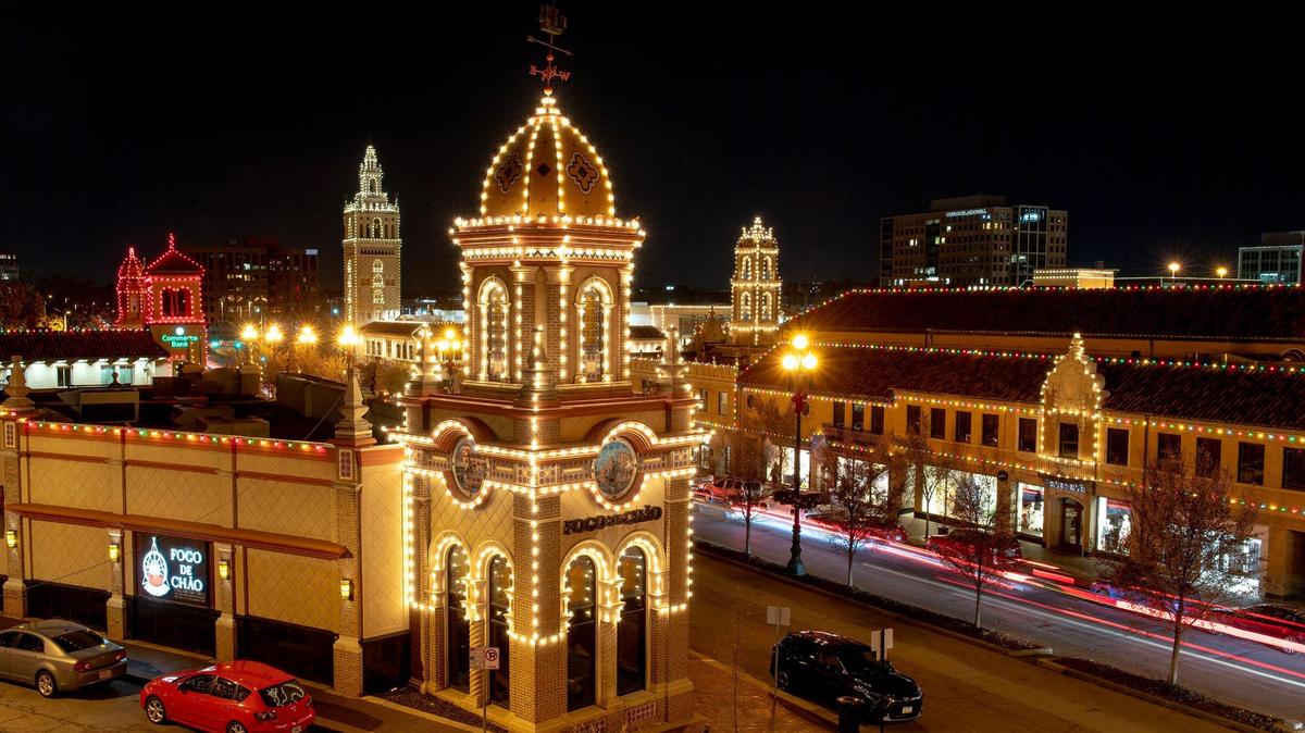 Holiday lights illuminate the buildings across Country Club Plaza during the 93rd annual Thanksgiving night lighting ceremony on Thursday, Nov. 24, 2022 in Kansas City.