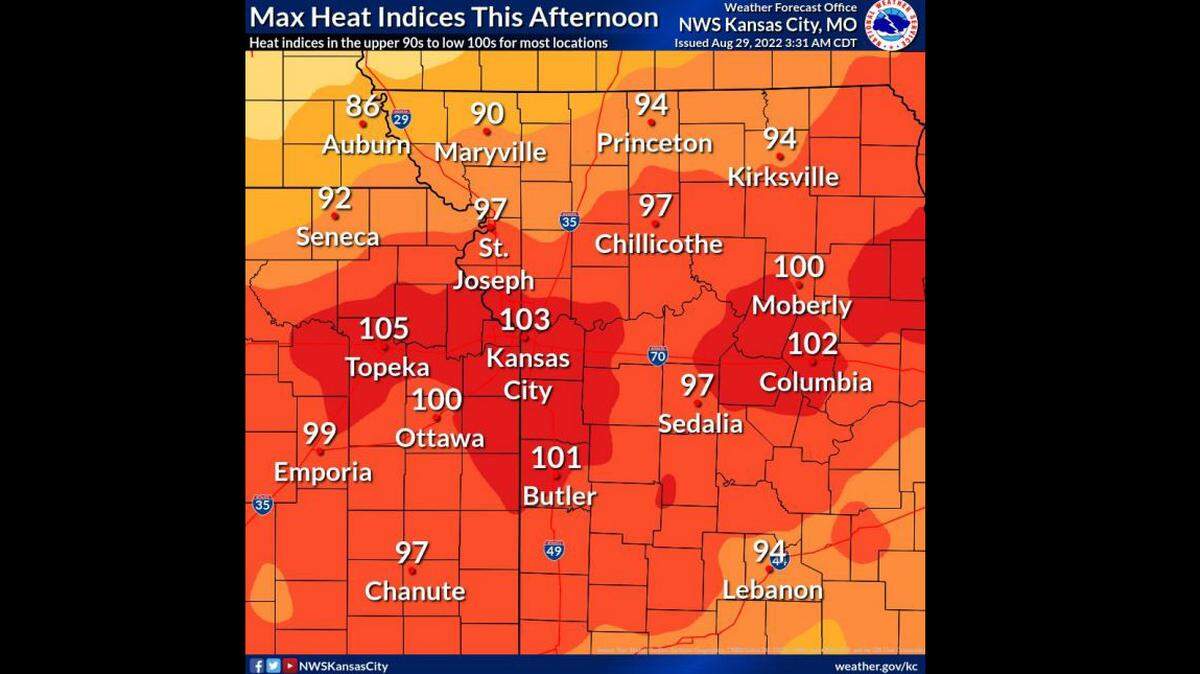 It’ll be a hot and muggy day in Kansas City as the heat index soars into the upper 90s to low 100s, according to the National Weather Service. A slow moving cold front will produce showers, thunderstorms.
