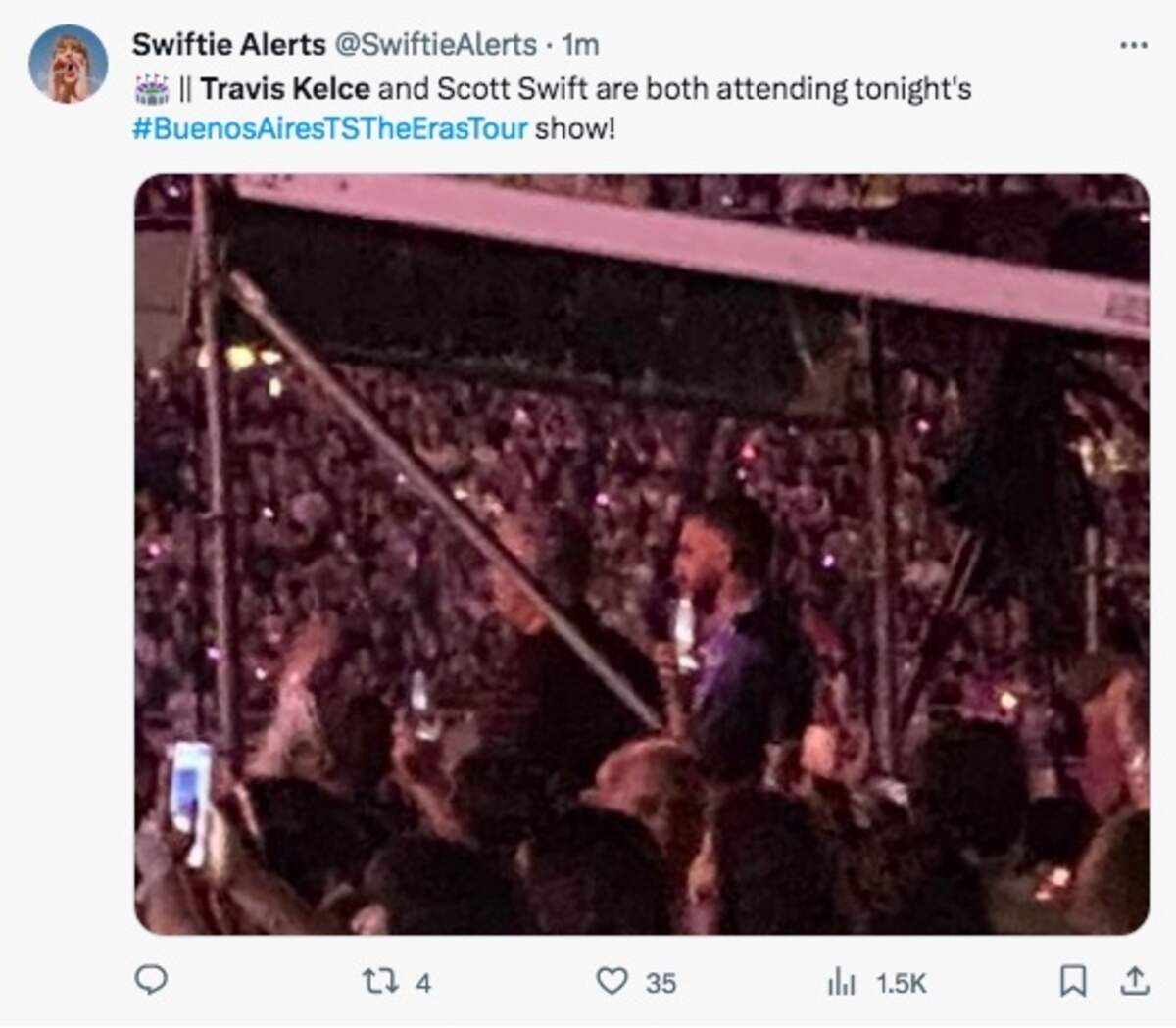 Taylor Swift fans are elated that her new boyfriend, Kansas City Chiefs tight end Travis Kelce, watched her Buenos Aires concert Saturday with her father, Scott Swift.