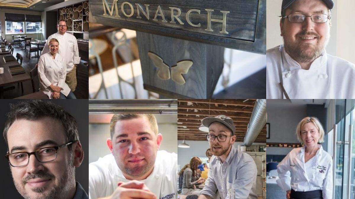 Meet the eight KC-area semifinalists for the 2019 James Beard Awards. They are, clockwise from top left: Colby (chef) and Megan Garrelts (pastry chef) of Bluestem; the Monarch Bar; Calvin Davis of Freshwater; Linda Duerr of the Restaurant at 1900; Taylor Petrehn of 1900 Barker Bakery & Cafe; Michael Corvino of Corvino Supper Club & Tasting Room; and Nicholas Goellner of The Antler Room.
