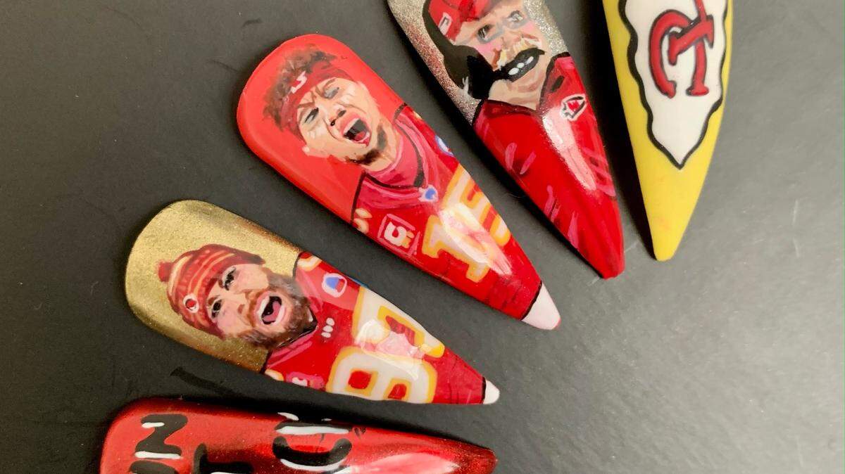 Kansas City Chiefs-inspired nails by Michaela Malotte, owner of Killer Nails KC.