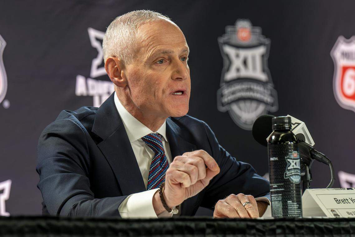 Brett Yormark, commissioner of the Big 12 Conference, speaks during a press conference at T-Mobile Center on Tuesday, March 10, 2026, in Kansas City.
