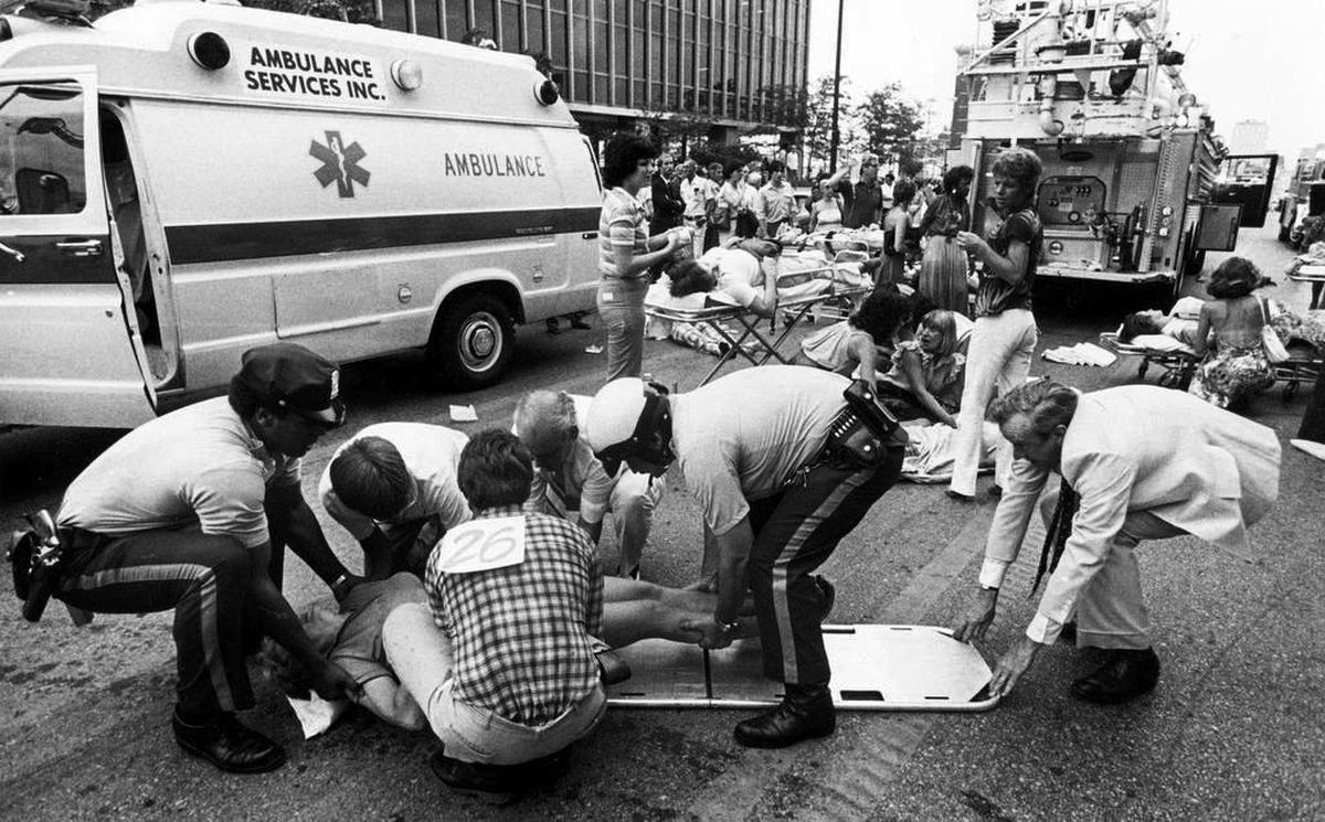 The first ambulance reached the Hyatt by 7:11 p.m. In the next seven minutes, seven ambulances would be at the scene, with more on the way. Eventually, more than 60 construction workers would assist in the rescue, along with some people who were in a dance contest and still had numbers on their backs.