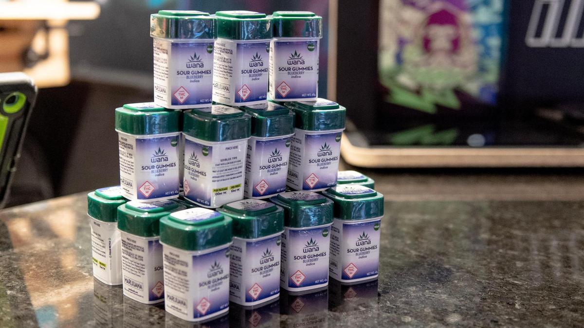 Twenty-two packs of marijuana edibles, representing the maximum amount of marijuana a person can legally possess in the state of Missouri, sit on display at Fresh Green Dispensary on Friday, Feb. 3, 2023, in Kansas City.