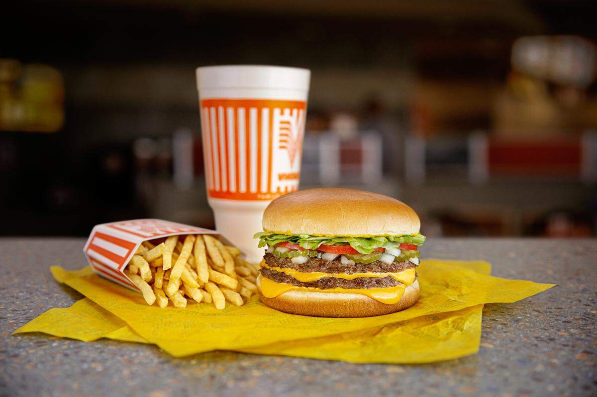 Whataburger sells hamburger meals like its double meat Whataburger with cheese, a peach shake and french fries.