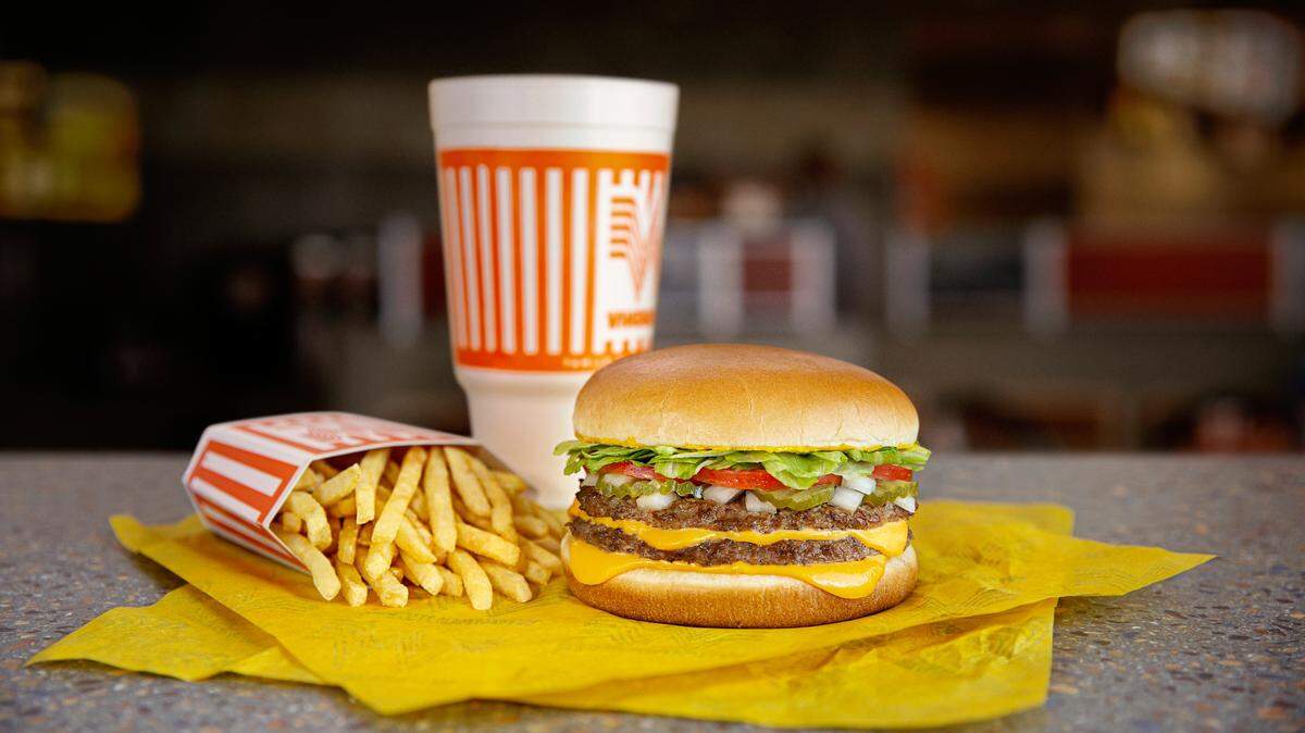 Whataburger sells hamburger meals like its double meat Whataburger with cheese, a peach shake and french fries.
