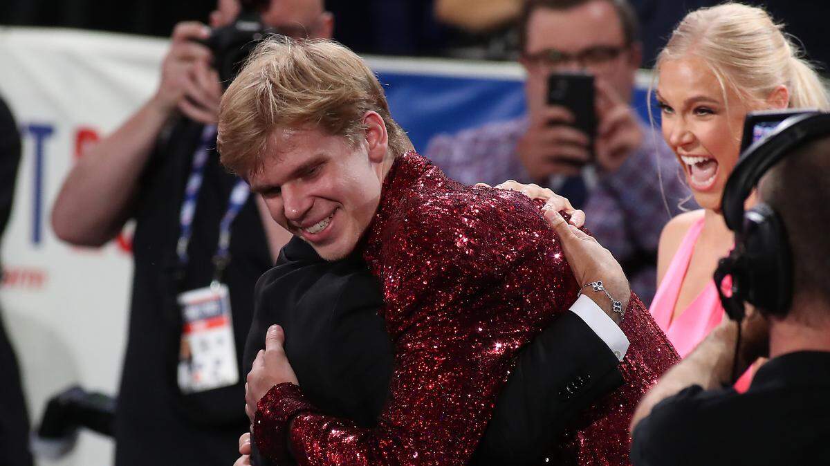Gradey Dick (Kansas) reacts after being selected 13th overall by the Toronto Raptors in the first round of the 2023 NBA Draft at Barclays Arena in Brooklyn on June 22, 2023.