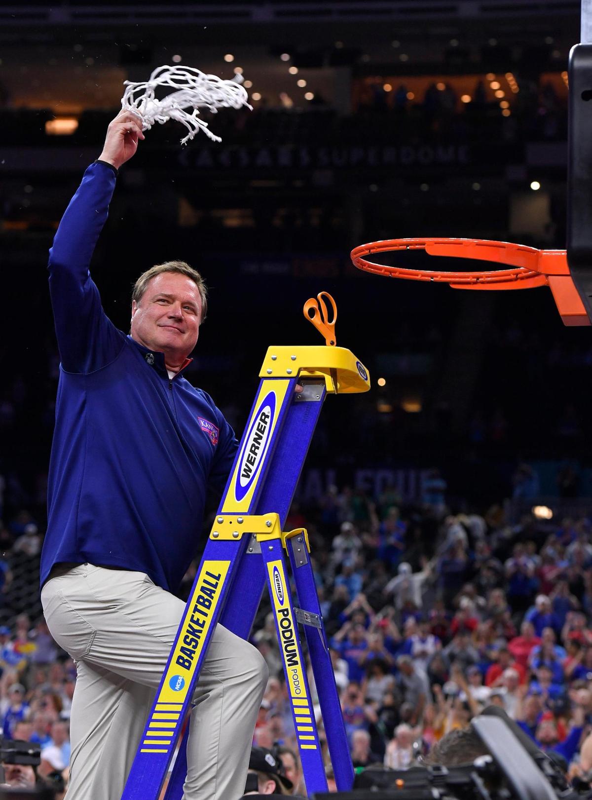Kansas coach Bill Self got to make the final cut and wave the net for the Jayhawk faithfull after the Jayhawks beat North Carolina, 72-69 to claim the NCAA championship Monday night in New Orleans.
