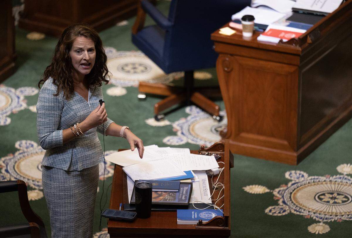 Maggie Nurrenbern, a Kansas City Democrat, talks against the gerrymandering of the state’s congressional map in the Senate Chambers at the Missouri Statehouse on Wednesday, Sept. 10, 2025, in Jefferson City, Missouri.