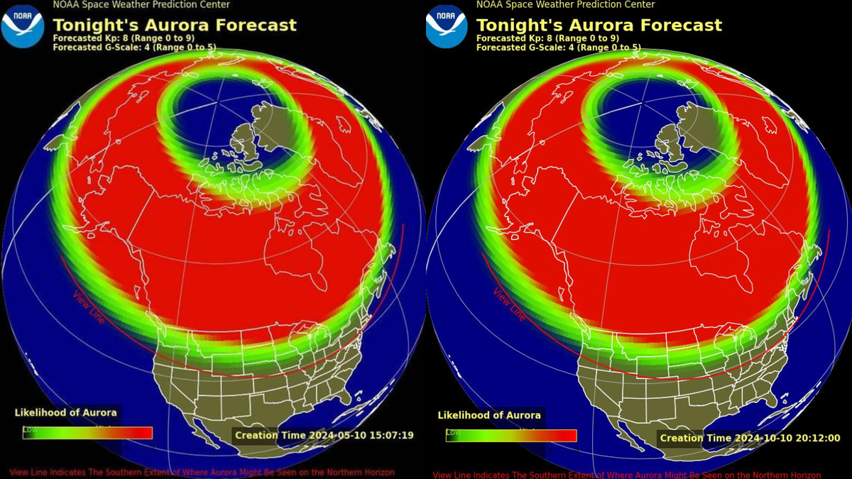 The forecast for the aurora Thursday, Oct. 10 (right), looks similar to the forecast from May that preceded widespread displays of the northern lights.