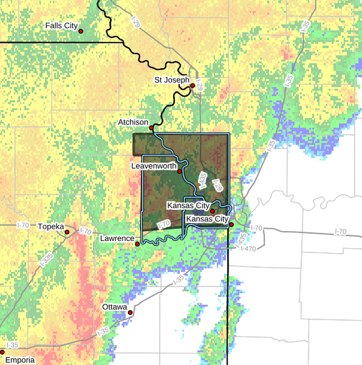 The National Weather Service issued a flash flood warning shortly after 1:10 p.m. Tuesday for southeastern Atchison, Leavenworth and Wyandotte counties in Kansas and Platte County in Missouri. The cities that could experience flash flooding include Kansas City, Shawnee, Leavenworth, Lansing, Atchison, Bonner Springs, Parkville, Tonganoxie, Platte City, Basehor, Edwardsville, Riverside, Weatherby Lake, Weston, Kansas City, Kansas, Lake Waukomis, Edgerton and Dearborn.