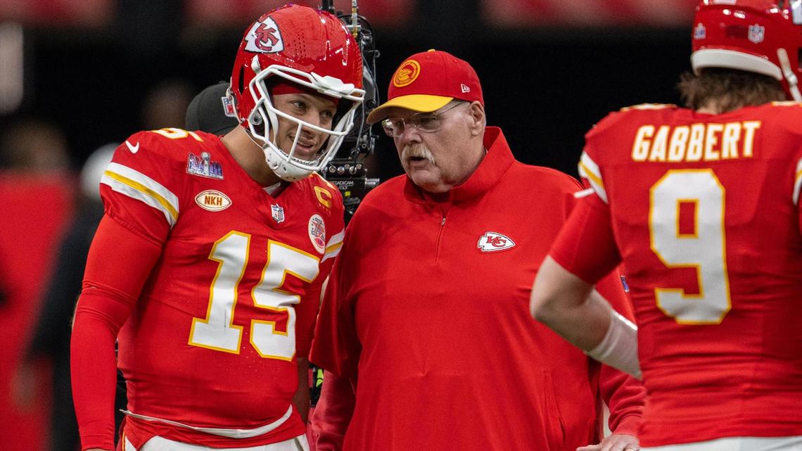 Chiefs quarterback Patrick Mahomes (15) talks with head Coach Andy Reid before the start of Super Bowl LVIII on Sunday, Feb. 11, 2024, in Las Vegas.