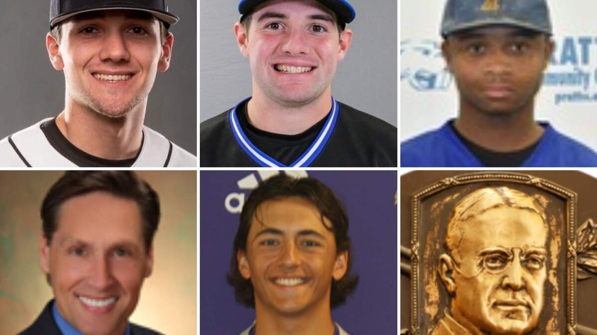 The Ban Johnson League award winners for 2021 include, top row left to right, Hustle Award honoree Trever Guzzo, MVP Josh Patrick and top pitcher Luqman Ali; bottom row, from left, Ban Johnson Hall of Fame inductee Neil Harwell and top fielder Joe Daneff. Pictured at bottom-right is the Ban Johnson plaque in the National Baseball Hall of Fame.