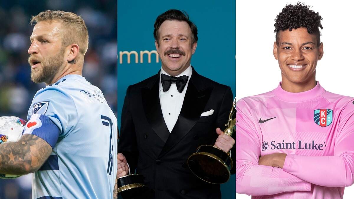 Johnny Russell of Sporting KC, from left, Jason Sudeikis of Ted Lass fame and KC Current goalkeeper AD Franch all make appearances in FIFA ’23.
