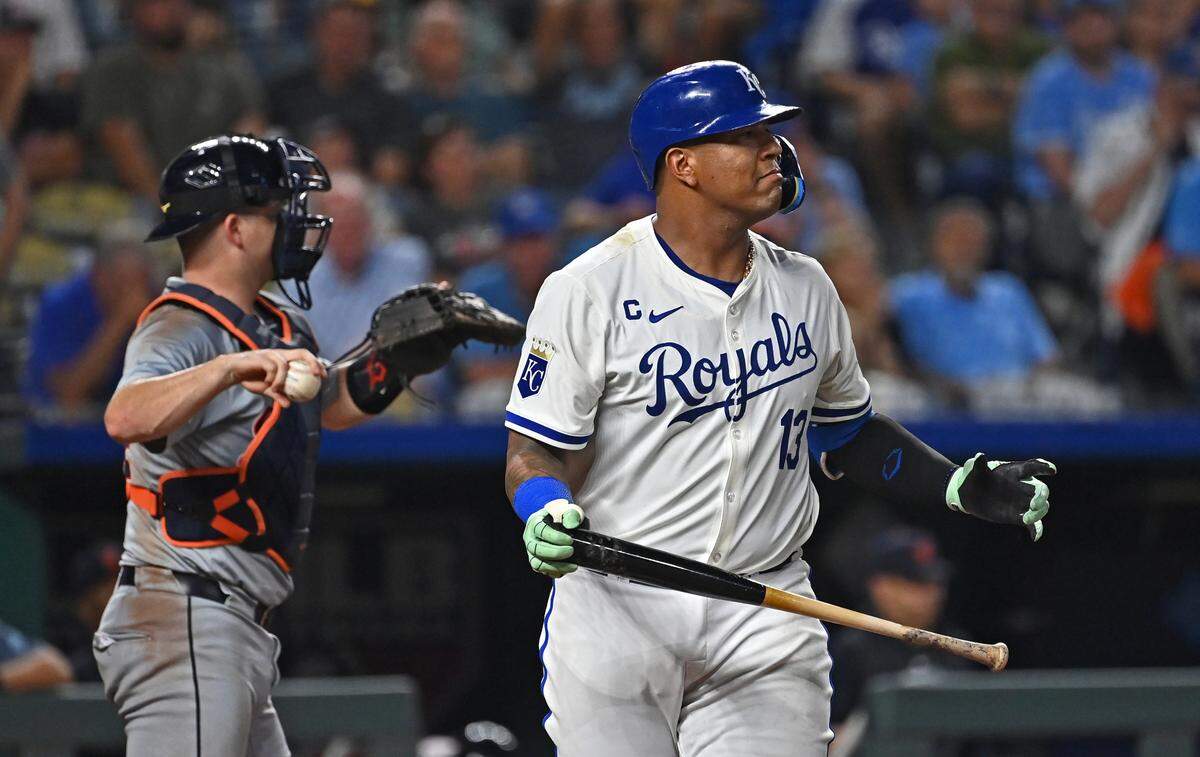 Kansas City Royals catcher Salvador Perez (13) reacts after striking out in the fifth inning against the Detroit Tigers at Kauffman Stadium on Sept. 18, 2024.