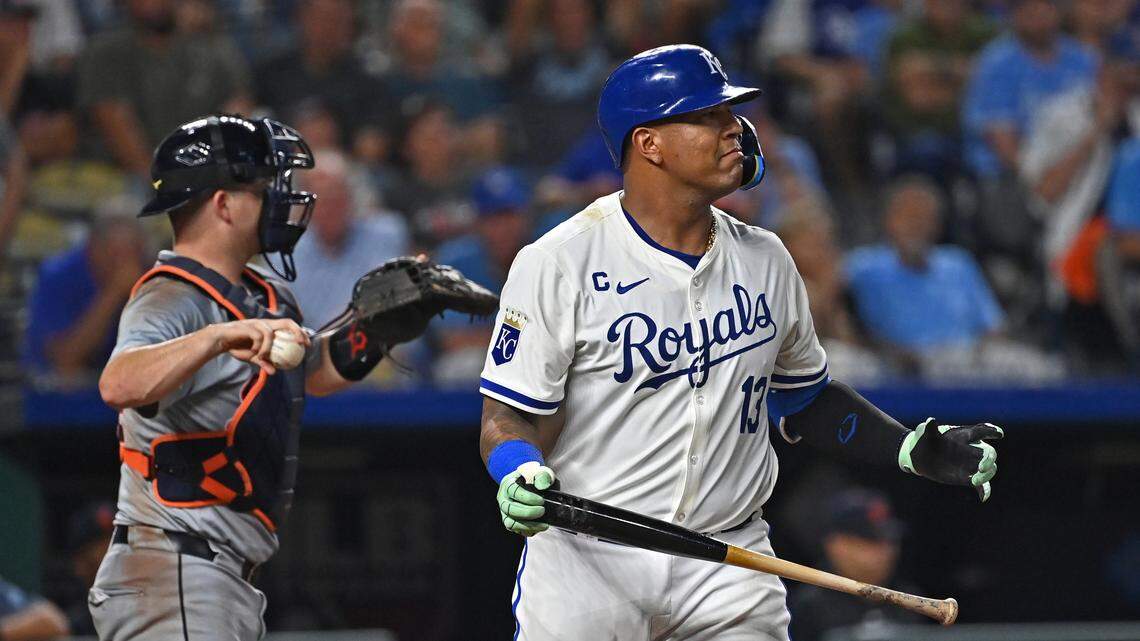 Kansas City Royals catcher Salvador Perez (13) reacts after striking out in the fifth inning against the Detroit Tigers at Kauffman Stadium on Sept. 18, 2024.