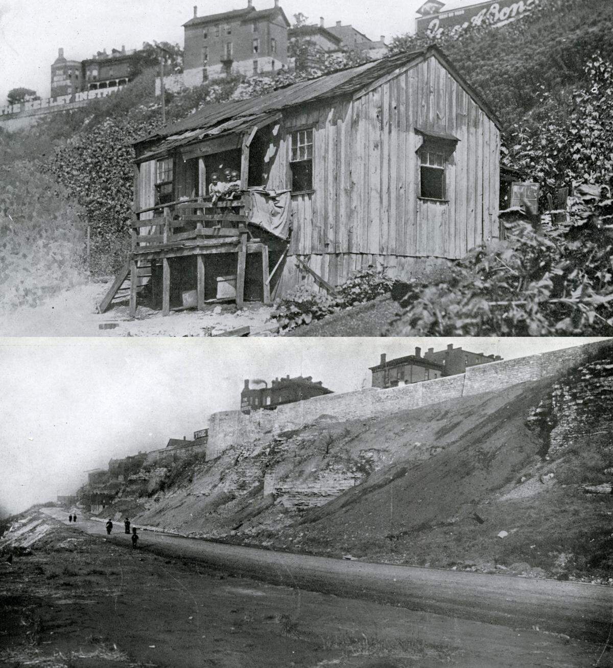 These before-and-after images of Kersey Coates Terrace, published in the 1905 Report of the Board of Park Commissioners, illustrates the impact of early redevelopment on lower-income homeowners in Kansas City. A young Black family once lived in the area where the terrace was installed. Entire communities in the area that became Penn Valley Park were displaced to create greenspace.
