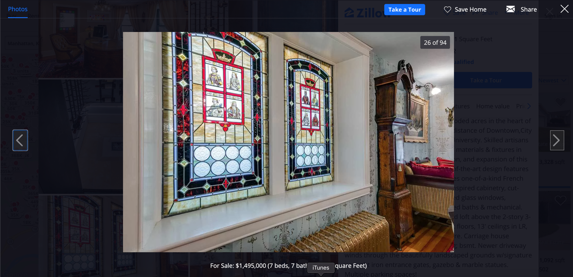 There are stained glass windows throughout.