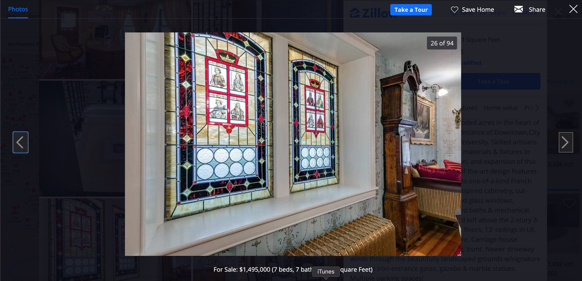There are stained glass windows throughout.