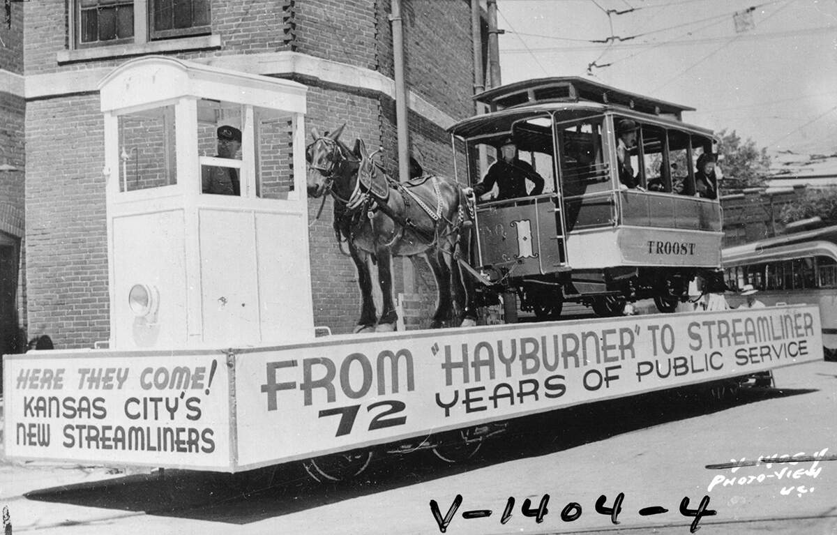 Mule-drawn, or “hayburner,” streetcar in a parade celebrating the introduction of streamliners to Kansas City, 1941.