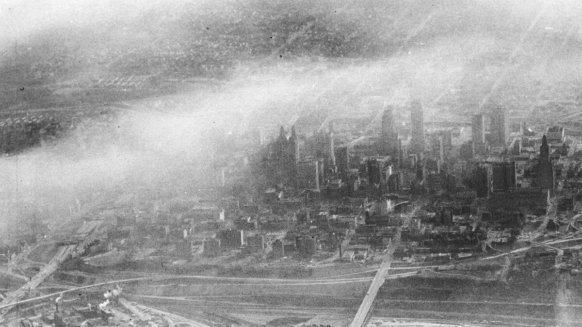 A cloud of hazy smog hovered over Kansas City on a temperature inversion day in November of 1971.