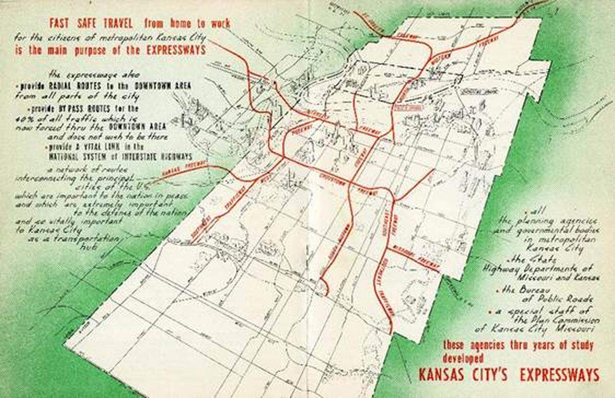 An Illustrated map showing the planned expressway system in the Kansas City area in 1952. Text printed on the map explains how the freeway system will work and how it will benefit the public. The planned connection from the Southeast Freeway to the Southeast Trafficway that was discarded in favor of the Bruce R. Watkins Drive plan can be seen.