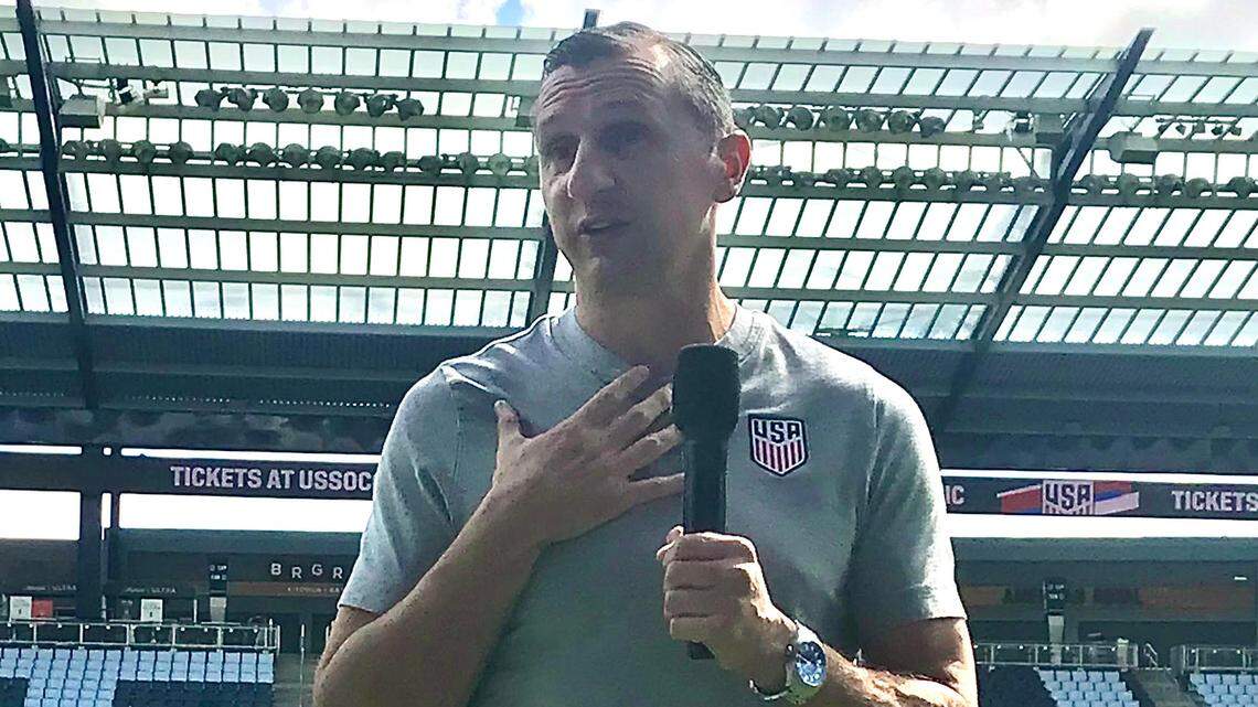 U.S. Women’s National Team soccer coach Vlatko Andonovski speaks with reporters during a media session about the recent NWSL scandal Tuesday at Children’s Mercy Park in Kansas City, Kan.