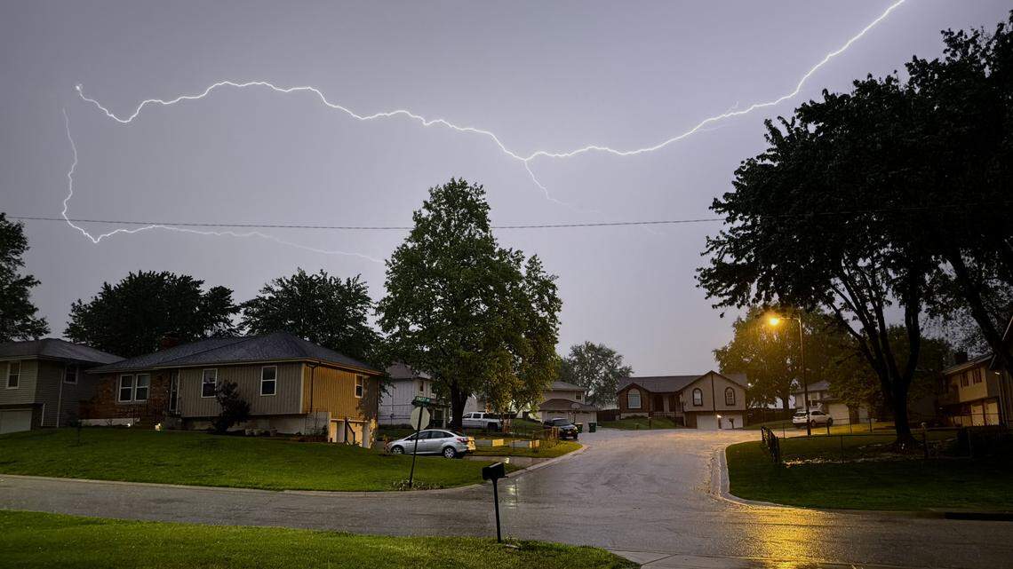 Lightning flashes in Kansas City, Kansas, during storms on Thursday, April 23, 2026.