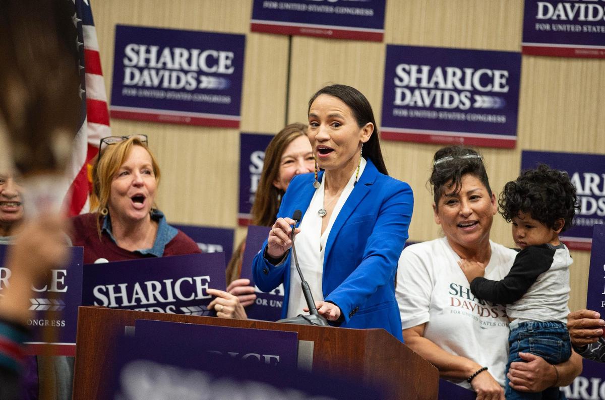 Kansas 3rd District Rep. seemed surprised when she took to the podium to deliver her victory speech at her election night watch party at the Sheraton Hotel in Overland Park on Tuesday, Nov. 8, 2022.