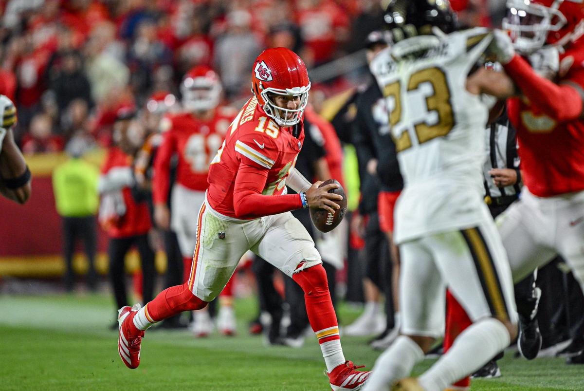 Kansas City Chiefs quarterback Patrick Mahomes eyes the first-down marker during an Oct. 7, 2024 game against the New Orleans Saints at GEHA Field at Arrowhead Stadium.
