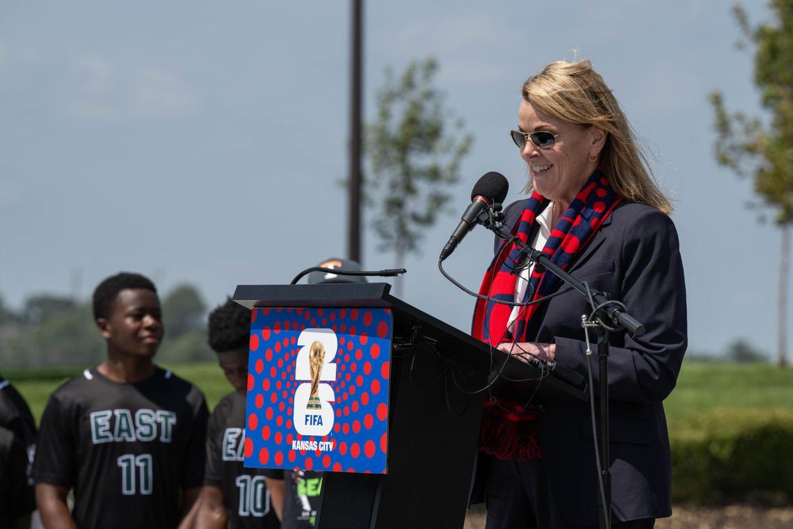 Pam Kramer, the CEO of KC2026, the nonprofit entity planning the FIFA World Cup 2026 matches in Kansas City, speaks at the announcement of the National WWI Museum and Memorial being named as a location for FIFA Fan Fest.