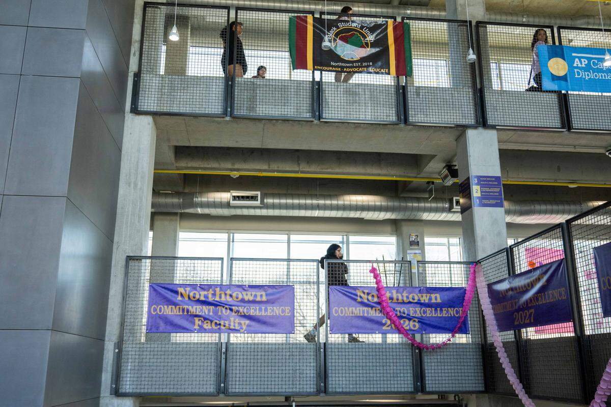 Students pass from the old building into the new, at North Kansas City High School on Wednesday, March 25, 2026, in North Kansas City. “Northtown” is celebrating 100 years of service to the community this year.
