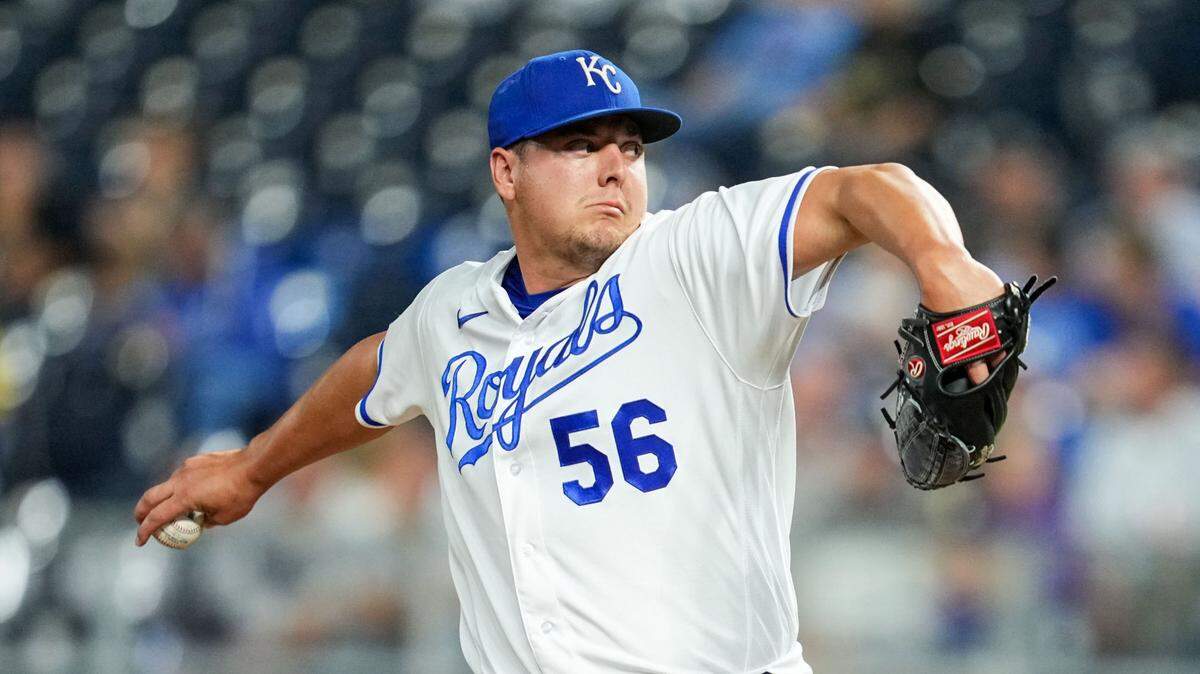 Kansas City Royals starting pitcher Brad Keller (56) pitches against the Cleveland Guardians during the eighth inning at Kauffman Stadium on Sept. 6, 2022.