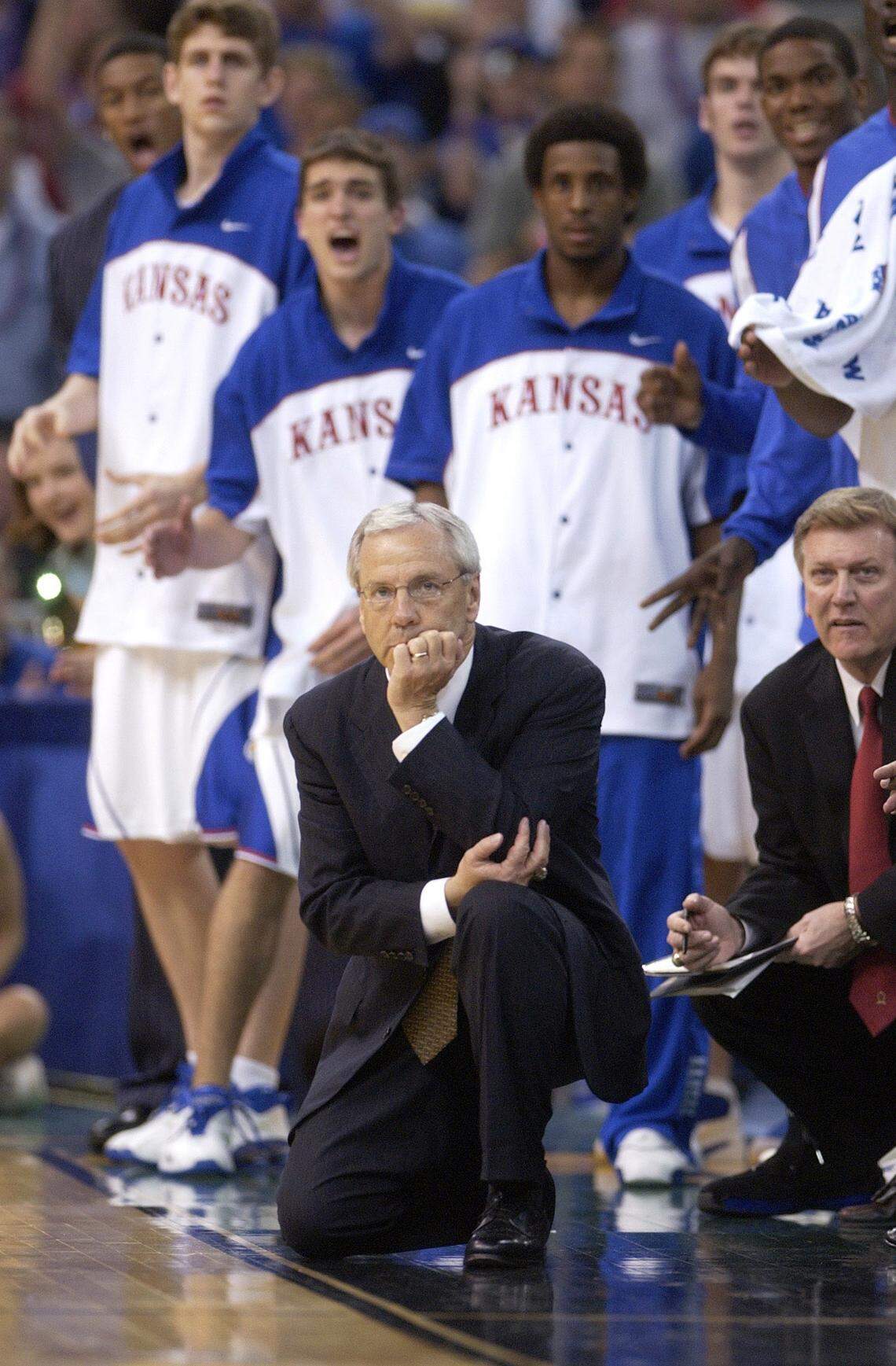 Kansas head coach Roy Williams watches the action in the second half during the Jayhawks 81-78 loss to Syracuse in the championship game of the Final Four on Monday, April 7, 2003, in New Orleans. (AP Photo/Al Behrman)