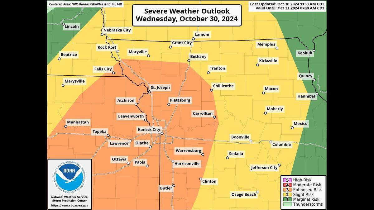 Strong to severe storms likely will sweep through the Kansas City area Wednesday evening, according to the National Weather Service. The storms will be capable of producing winds with gusts up to 70 mph and brief tornadoes. Heavy rains, straight-line winds and lightning will also be possible.
