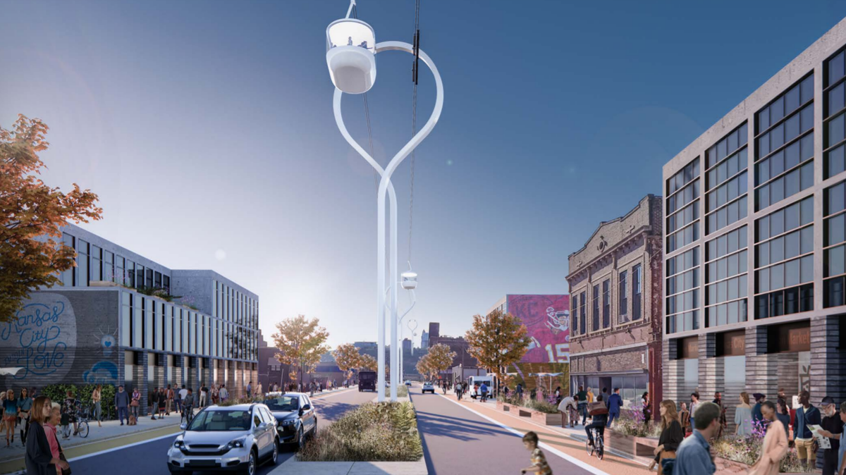 This illustration contemplates what an aerial gondola could look like at State Line Road and West 9th Street.