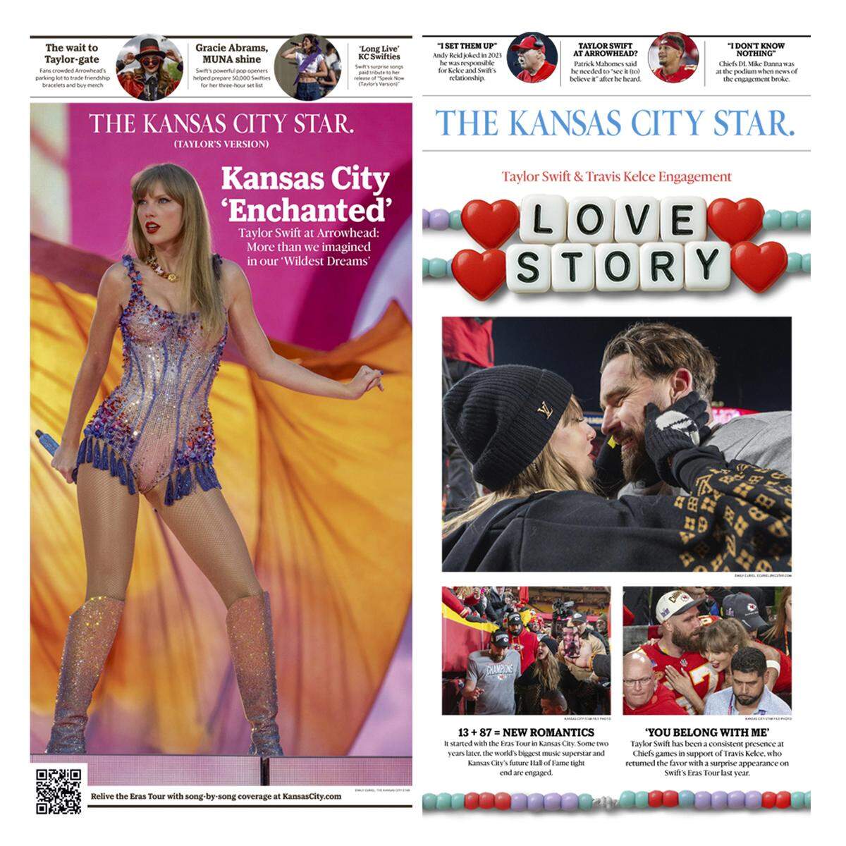 Image of both front pages of Taylor Swift, one from her Eras Tour and the other of her engagement to Chiefs tight end Travis Kelce.