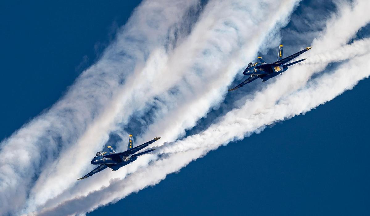 The U.S. Navy Blue Angels fly during the Garmin KC Air Show on Saturday, Aug. 19, 2023, in New Century.