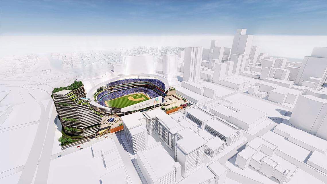 A rendering produced by Kansas City based architectural firm Pendulum shows their concept of a downtown ballpark.