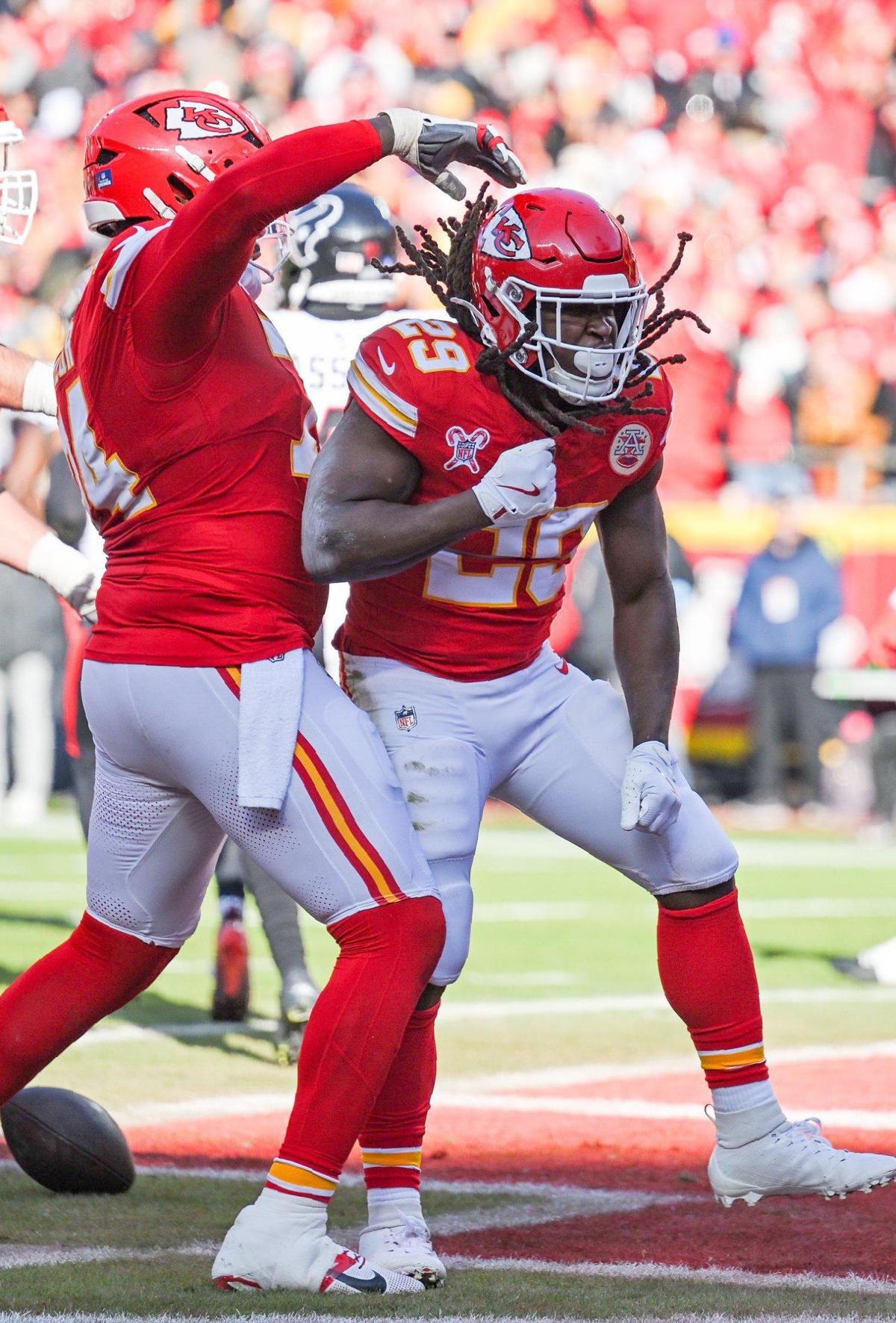 Kansas City Chiefs running back Kareem Hunt (29) celebrates after scoring a touchdown in the second quarter against the Houston Texans on Saturday Dec. 21, 2024, at GEHA Field at Arrowhead Stadium.