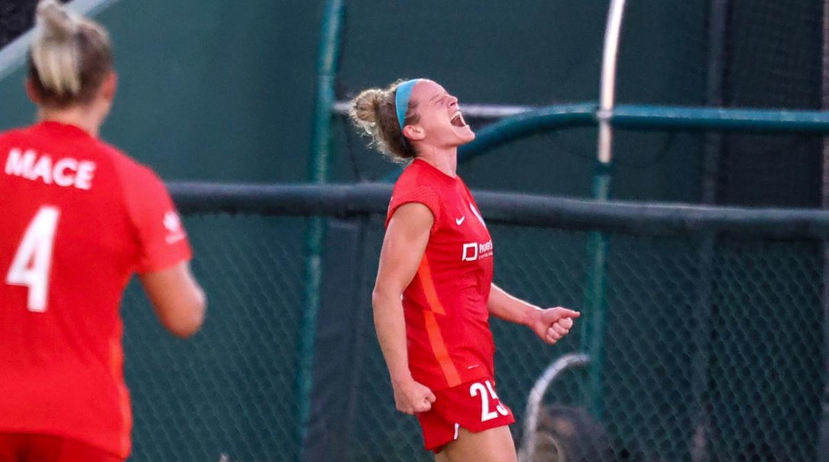 Kansas City NWSL forward Kristen Hamilton was around both of the home team’s goals Wednesday night at Legends Field, scoring her first in a KC uniform to help her squad defeat Racing Louisville 2-1 in Kansas City, Kan.