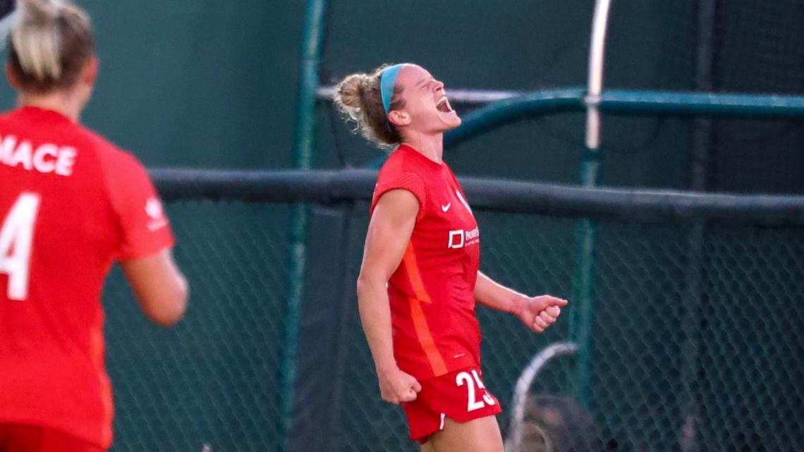 Kansas City NWSL forward Kristen Hamilton was around both of the home team’s goals Wednesday night at Legends Field, scoring her first in a KC uniform to help her squad defeat Racing Louisville 2-1 in Kansas City, Kan.