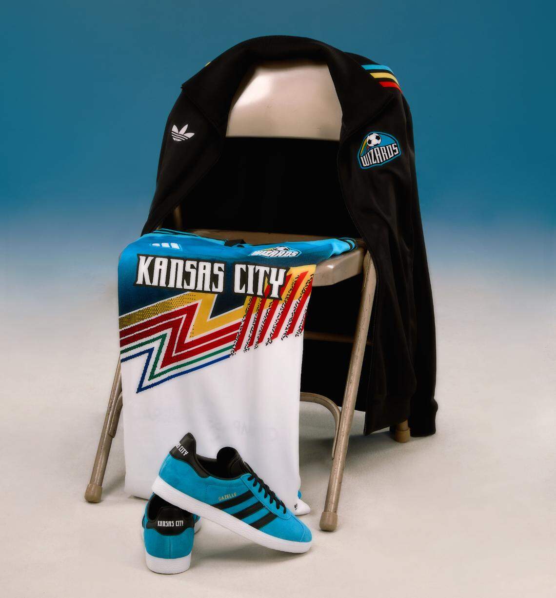 The complete Sporting KC retro look, which includes several Kansas City Wizards references, a black track jacket and Wizards-colored custom Adidas Gazelles.