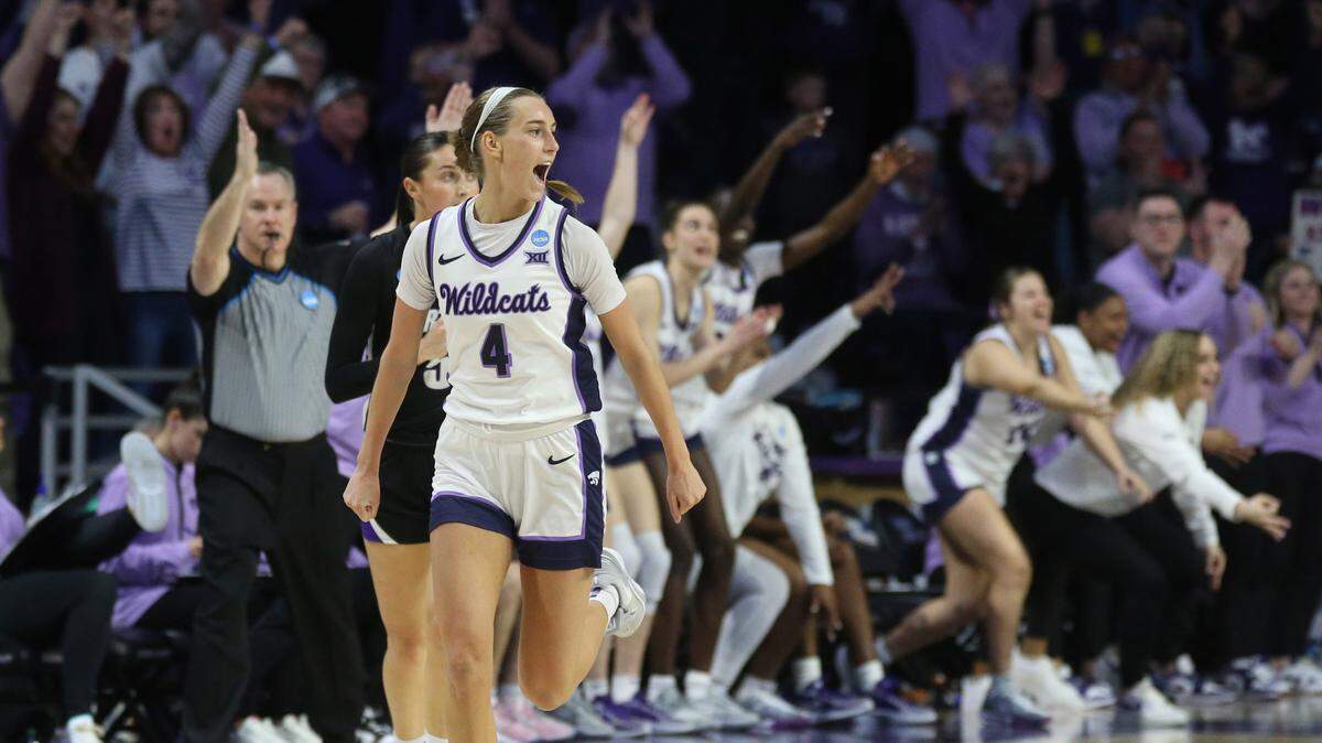 Kansas State Wildcats guard Serene Sundell (4) celebrates a 3-point basket late in the fourth quarter against the Portland Pilots at Bramlage Coliseum on March 22, 2024.